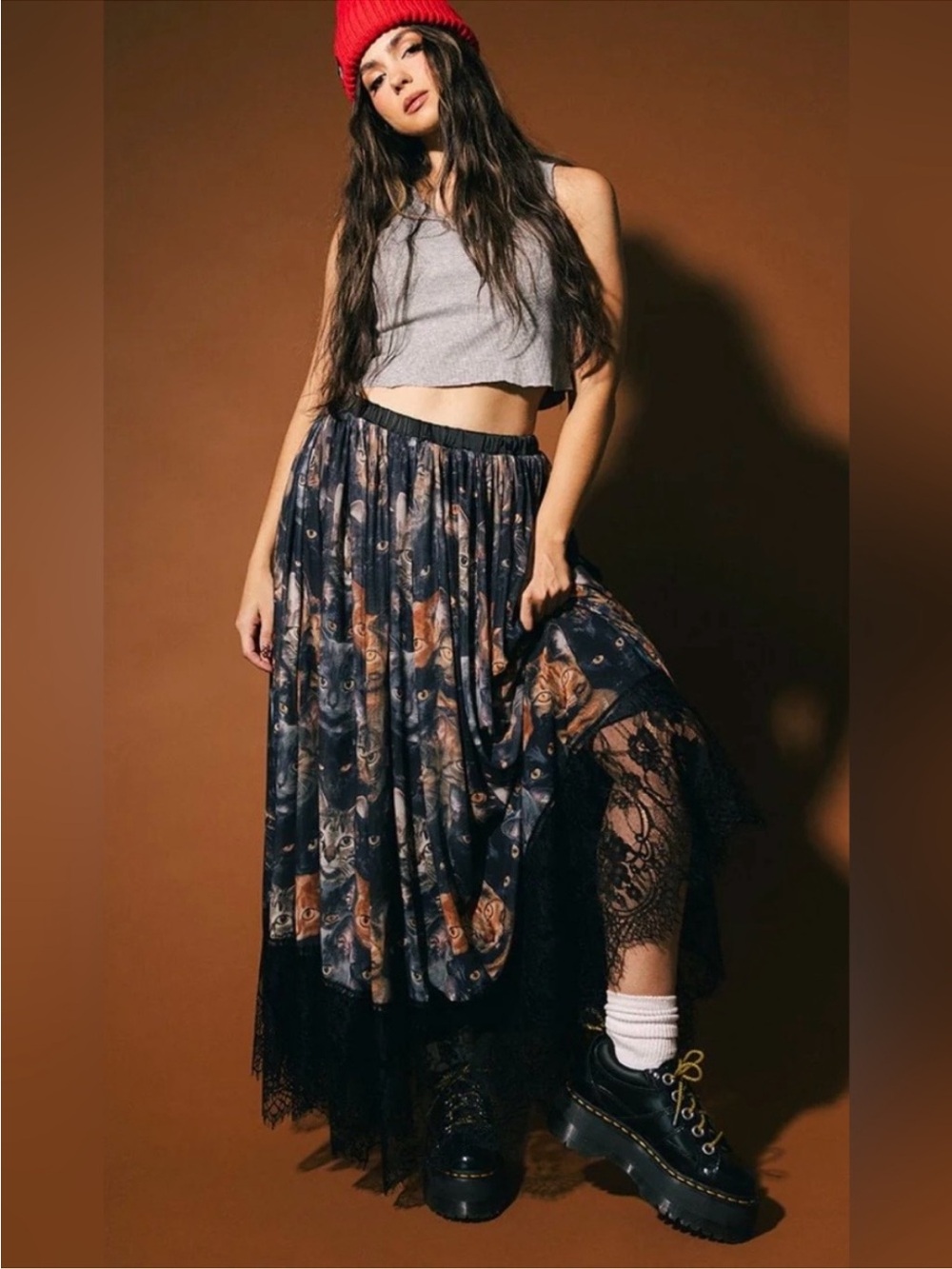 Dressed in LALA Purr Mesh Maxi Skirt Large Black Lace Cat Camo Graphic Print NWT - Picture 6 of 12